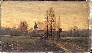 Paysage avec une église et deux femmes portant des fagots