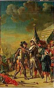 HENRI II DONNE LE COLLIER DE L'ORDRE DE SAINT MICHEL AU MARECHAL DE TAVANNES, APRES LE COMBAT DE RENTY.13 AOUT 1554