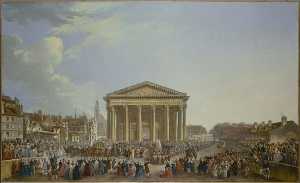 Cérémonie von der pose de la premiere pierre von der nouvelle église st. genevieve , le 6 septembre 1764 , devant la maquette grandeur natur von l'édifice ( treibstoff Ruhmeshalle ) ( 5ème arrondissement )