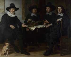 cuatro oficiales de los Ámsterdam Coopers' y el vino rackers' Gremio