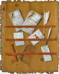 A Trompe l'oeil of Newspapers, Letters and Writing Implements on a Wooden Board