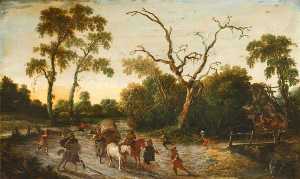 un paysage boisé avec des hommes armés attaquant une Wagon Fête