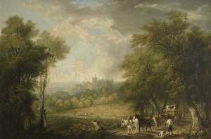 Veduta di Windsor dal Bosco con viaggiatori in un trainato da cavalli Carrello
