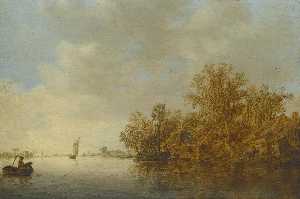 A river landscape with two fishermen in a boat, hauling in their nets, and an unrigged fishing pink moored at the wooded river bank of a small settlement
