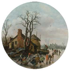 Winter landscape with skaters on a frozen canal