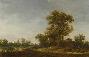 Landscape with travellers conversing on a sandy path, fisherman on a river beyond