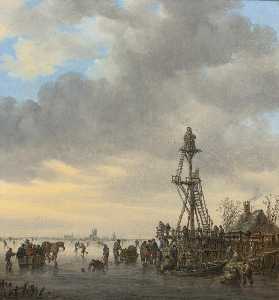 A Wooden Landing Stage on a Frozen River, Churches and a Windmill at left on the Distant Shore