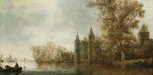 River landscape with a medieval fortification