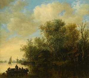 A river landscape with a fully laden ferry boat approaching a busy river bank