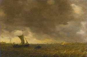An estuary scene with the onset of a squall and weyschuits lowering their sails