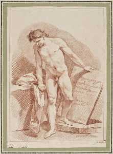 nackt mann stehend  und  halten  Ein  stein  tablett