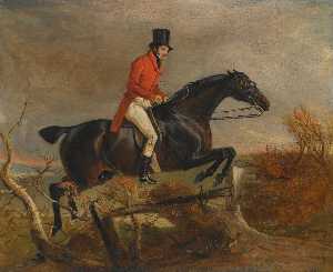 Portrait of Sir Henry Goodricke, 7th Baronet, clearing a fence on his grey hunter