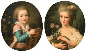 Portrait of a young girl holding a flower pot Portrait of a young boy feeding two birds