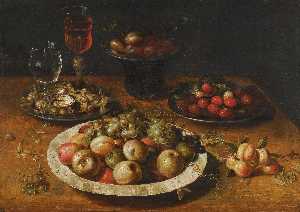 A still life of apples and grapes in a blue and white porcelain bowl, raspberries and walnuts in pewter dishes, plums on a pewter dish atop a stand, together with three wine glasses and sprigs of apricots and gooseberries upon a wooden table