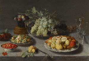 stillleben von Trauben und andere früchte mit ein Messer , Façon von Venise Weingläser und andere Objekte auf ein Drapierte Tisch