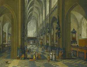 Interior of a gothic cathedral with figures promenading in the aisle
