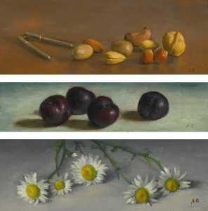 Mixed Nuts and Nutcracker, Still Life of Plums and Small Daisies Three Paintings