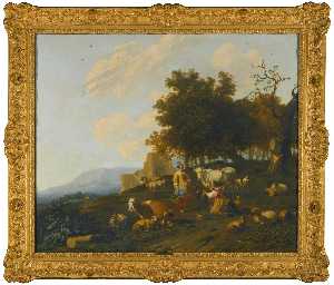 Milkmaids milking cattle in a hilly landscape with ruins beyond