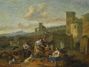 an italianate landscape with vegetable sellers