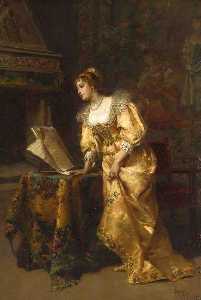 Une dame élégante lisant  musique