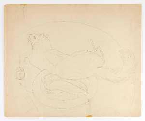 (Reclining Cat with Plate of Bananas)