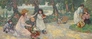 Femmes et enfants dans la terrasse du moulin von Beaulieu ein Villennes sur Wade