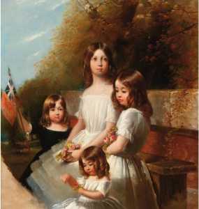 Group portrait of four children in a landscape, holding flowers and a flag