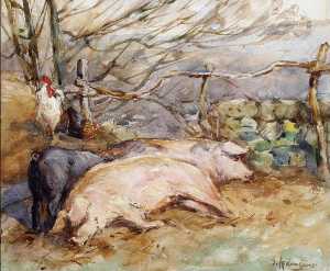 Farmyard Scene with Pigs and Chickens