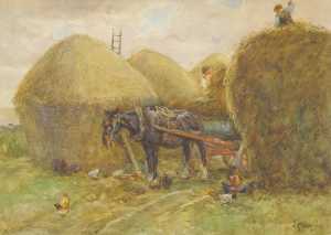 Figures Harvesting, a Horse drawn Cart Nearby