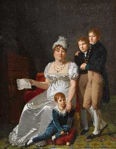 Portrait of madame B., née Etiennette Delagrange, full length, seated, wearing a white dress and hat, holding a letter, with her three sons