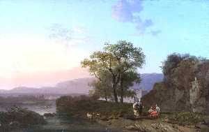 An Italianate Landscape at Sunset with Sheperdesses Resting in the Foreground