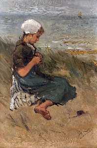 編み物 少女  オン  ある  砂丘