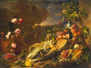fruta y una jarrón de las flores