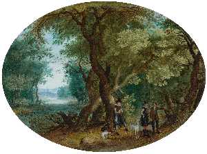 Hunters with their Dogs in a Wooded Landscape