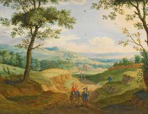 An extensive landscape with travellers on a road