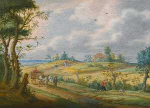 Summer landscape with a horse and cart and other figures on a path