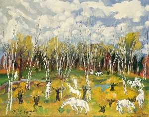 Birch Tree and White Horses