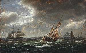 Seascape with sailing ships in high waves