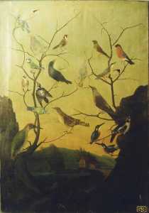 Paysage avec oiseaux posés sur les branches d'un arbre