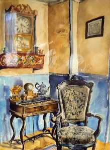 (Interior with Clocks, Spinet, and Chair), (painting)