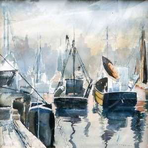 (Boats in Harbor with Chicago Skyline), (painting)