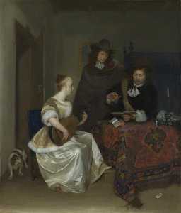 Una donna giocare  Un  Tiorba  per  due  uomini
