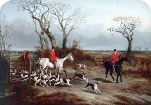 Going Out Huntsmen with Hounds Passing through a Gate