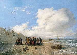 Beach Scene with Fishermen and Fishing Baskets in the Foreground