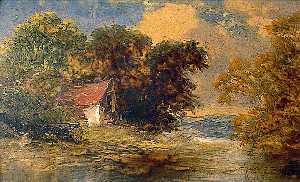 River Scene with a House with a Red Roof, Trees in the Background and a Felled Tree in the Foreground