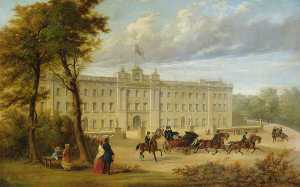 Buckingham Palace (before the Aston Webb facade), with an Open Carriage Leaving the Palace