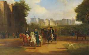 Windsor Castle with Queen Victoria, Prince Albert and Arthur Wellesley, 1st Duke of Wellington, Riding from the Castle