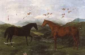 Two Hunting Horses in a Landscape