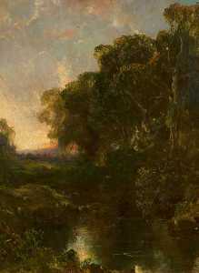 Wooded Riverscape at Sunset