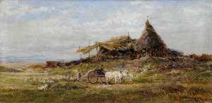 Sheep, Shepherd, Oxcart and Huts in Plain Landscape
